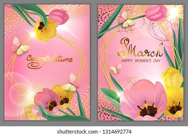 Set of decorative cards with yellow and pink flowers of tulips and butterflies. Congratulations on March 8, birthday, wedding