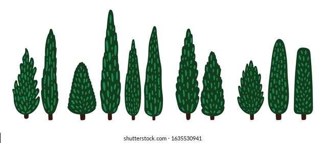 Set of decorative cartoon cypresses. Tall trees collection. Vector flat illustration.