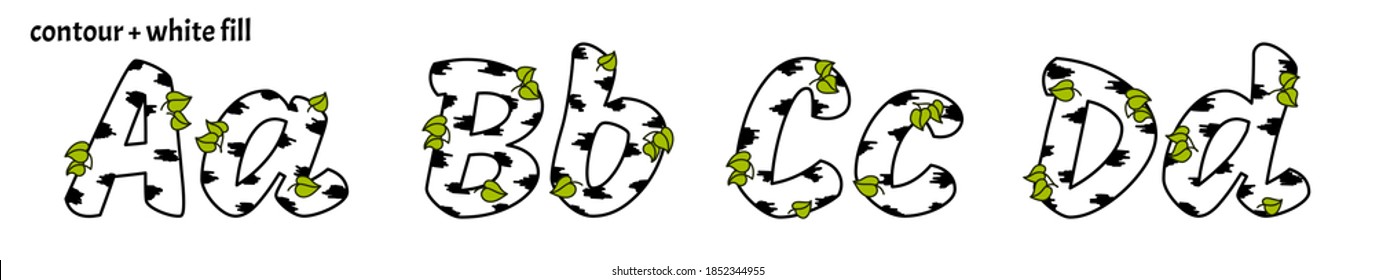 Set of decorative cartoon nature Birch tree letters A, B, C, D, with leaves. Isolated colored typescript vector illustration in flat design 