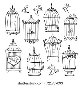 A set of decorative cells for birds painted in hand. Doodle elements for creativity and design