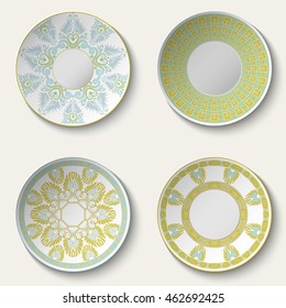 Set of decorative ceramic plates with ethnic pattern. Vector illustration