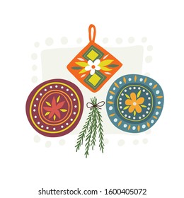 Set of decorative ceramic plates with hot pad hanging on the wall. Hand drawn kitchen print. Vector illustration 