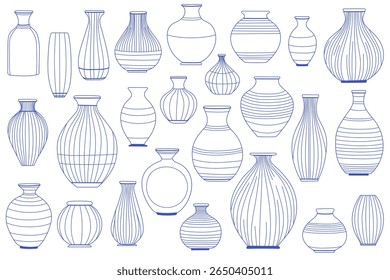 Set of decorative ceramic vase line drawings. Minimalist hand-drawn outline style, ideal for home decor, pottery design, and interior concepts.