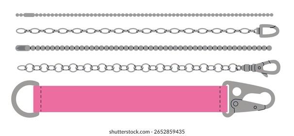Conjunto de correntes decorativas, correias, mosquetões, fechos e elos de metal para acessórios de moda. Moderna ilustração vetorial isolado no fundo branco, desenhado à mão, design plano