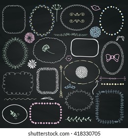Set of Decorative Chalk Drawing Hand Sketched Rustic Floral Doodle Frames, Borders, Dividers, Design Elements on Chalkboard Background Texture. Vector Illustration. 