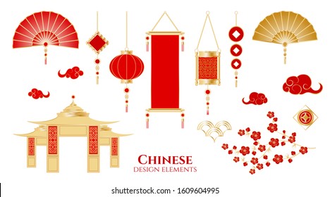 Set of decorative chinese elements. Golden clouds, flowers, fan, architecture and sakura on a white background. Vector illustration