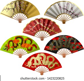 Set of decorative Chinese and Japan open fan with gold linear flying dragon and blooming cherry isolated on white. Vector illustration