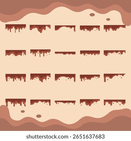 Set of decorative chocolate drip border illustrations in various shapes and styles.  The designs feature stylized dripping chocolate, perfect for graphic design projects.