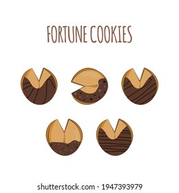 A set of decorative chocolate icing Chinese fortune cookies. Vector illustration. White background.