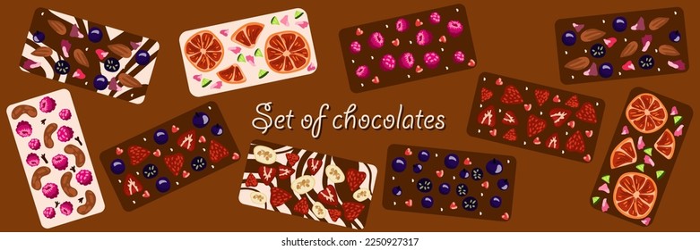 A set of decorative chocolates for the Valentine's Day holiday. mother's day, birthday. Chocolate on a dark background. Decorative black and white chocolate with decor.