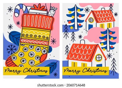 Conjunto de diseños decorativos de navidad en estilo doodle dibujado a mano.  Tarjeta de felicitación de Navidad vectorial. Para la decoración navideña, afiches, pancartas, ventas