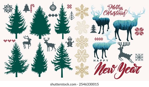 Conjunto de elemento de Navidades decorativas. Colección de árbol de Navidad de Vector, ciervos, copos de nieve. Diseño de la Plantilla para la etiqueta engomada, tarjeta, cartel, invitación, saludo. Colección de lindos árboles de Navidad.