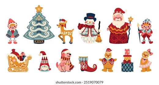 Conjunto de elemento decorativo de Natal vetor de design de arte popular. Coleção de renas, santa, pinheiro, gengibre, presente, elfos. Design de ilustração para adesivo, cartão, cartaz, convite, saudação.