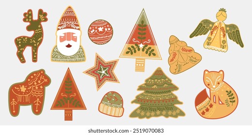 Set of decorative christmas element folk art design vector. Collection of reindeer, santa, christmas tree, fox, angel, hat. Illustration design for sticker, card, poster, invitation, greeting.