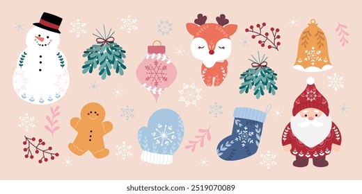 Set of decorative christmas element folk art design vector. Collection of snowman, santa, reindeer, gingerbread, sock, glove. Illustration design for sticker, card, poster, invitation, greeting.