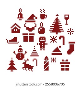 Set of decorative Christmas element, icon in 8 bit style
