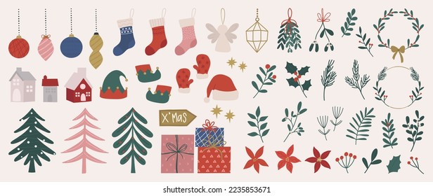 Set of decorative christmas element vector illustration. Collection of christmas tree, bauble ball, socks, present, house, hat, leaf, flower. Design for sticker, card, poster, invitation, greeting.