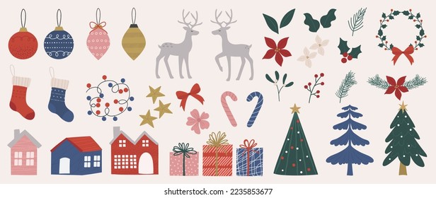 Set of decorative christmas element vector illustration. Collection of christmas tree, reindeer, bauble ball, socks, present, house, flower. Design for sticker, card, poster, invitation, greeting.