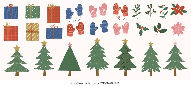 Set of decorative christmas element vector illustration. Collection of christmas tree, glove, present, flower, foliage. Design for sticker, card, poster, invitation, greeting.