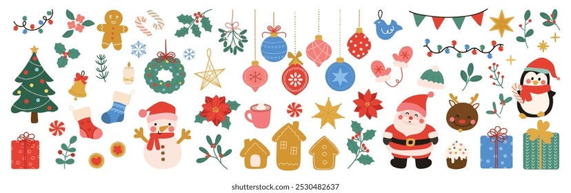 Set of decorative christmas element vector illustration. Collection of christmas tree, reindeer, bauble ball, socks, present, snowman, penguin. Design for sticker, card, poster, invitation, greeting.