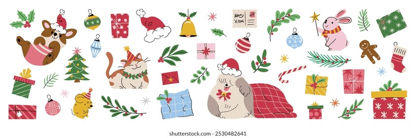 Set of decorative christmas element vector illustration. Collection of christmas tree, bauble ball, dog, cat, rabbit, rat, gift, leaves. Design for sticker, card, poster, invitation, greeting.