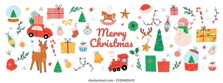 Set of decorative christmas element vector illustration. Collection of christmas tree, reindeer, bauble ball, socks, present, snowman, car. Design for sticker, card, poster, invitation, greeting.