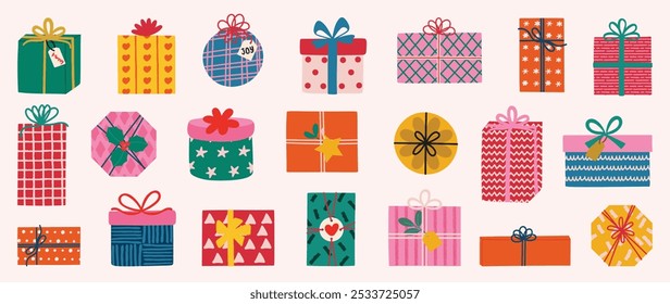 Set of decorative christmas element vector illustration. Collection of gift box in different shapes and color, ribbon, bow, packaging. Happy Holiday Design for sticker, poster, invitation, greeting.