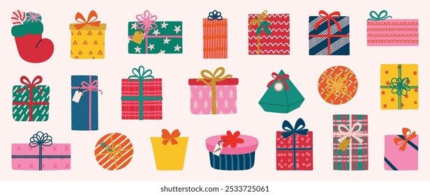 Set of decorative christmas element vector illustration. Collection of gift box in different shapes and color, ribbon, bow, packaging. Happy Holiday Design for sticker, poster, invitation, greeting.