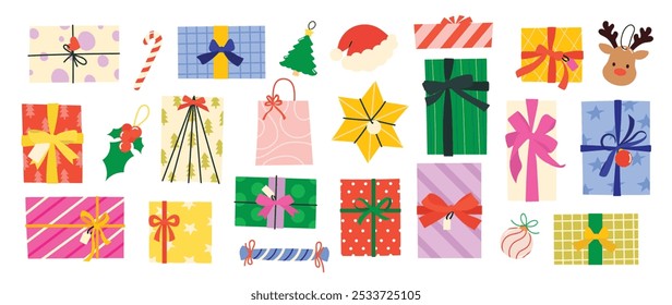 Set of decorative christmas element vector illustration. Collection of christmas tree, reindeer, bauble ball, gift, reindeer, hat. Design for sticker, card, poster, invitation, greeting.