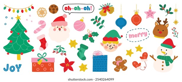 Set of decorative christmas element vector illustration. Collection of Christmas tree, ornaments, lights, wreaths, reindeer, gifts, bauble ball. Design for sticker, card, poster, invitation, greeting.