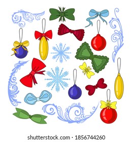 Eine Reihe dekorativer Weihnachtselemente - Weihnachtsbälle, Bogen, Monogramme und Schneeflocken.  Einzeln auf weißem Hintergrund.  Stock-Vektorgrafik.