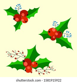 Set of decorative Christmas elements: Holly leaves, red berries and thin twigs isolated on white background