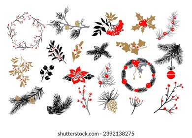 Set of decorative Christmas floral elements. Isolate on a white background. Vector illustration.