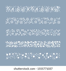 Set of decorative christmas frames, borders. Hand drawn chalk mistletoe, snowflakes, flowers, fir tree branches and berries patterns. Vector illustration. Lace or orńamental ribbon design.