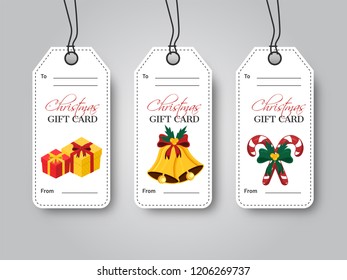 Set of decorative Christmas gift tags on gray background in white color. 