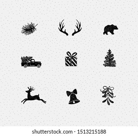 Set of decorative Christmas icon drawing in pen line style on white background.