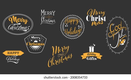Set of decorative Christmas label on a dark background, seasonal vector illustration 