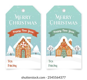 Set of decorative Christmas labels with cute hand drawn gingerbread houses. New year gift box tag cards collection. Winter holidays paper present postcard. Snowy sky background. Vector illustration.