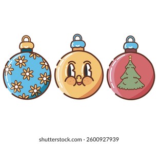 Set of Decorative Christmas Ornaments with Whimsical and Festive Illustrations