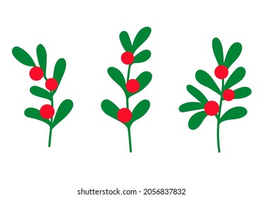 Set of decorative Christmas plants. Branches of Mistletoe. Beautiful festive green twigs with red berries. Christmas design element in flat style. Isolated on a white background. Vector illustration.