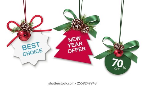 Set of decorative Christmas sale discount star, fir and circle shaped price tag with pine cone, bell and green bow isolated on white. New Year winter decoration. Vector stock illustration.