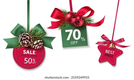 Set of decorative Christmas sale discount red and green price tag with pine cone, bell and fir twig and beautiful bow isolated on white.  New Year winter decoration. Vector stock illustration.