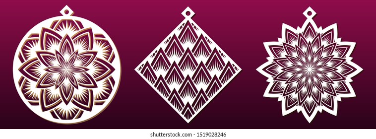 Set of decorative Christmas shapes, templates for laser cutting, paper art or metal cut. Abstract pattern, ball, star and rhumb. Fretwork stencil or die. Vector illustration