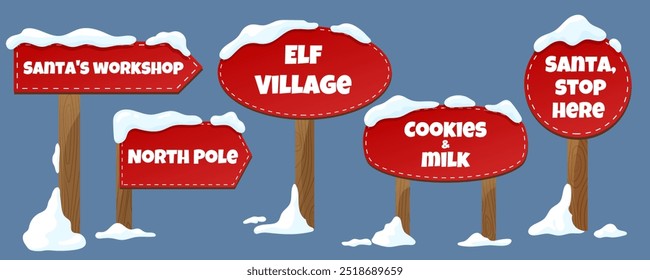 Set of decorative Christmas signs, signs with funny inscriptions. Elements for design. Vector graphics.