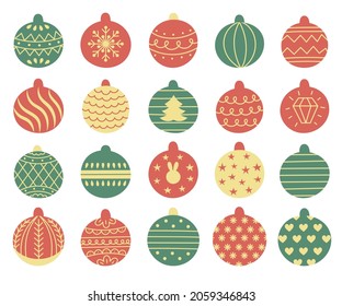 Set of decorative Christmas toys for the tree, ball with a pattern. Hand drawn vector illustration.Traditional holiday symbol
