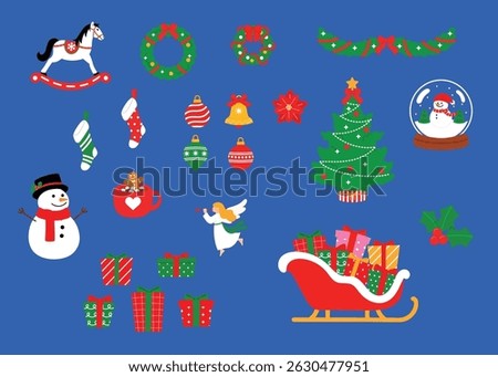 set of decorative christmas tree, wreath, sock, ornament call, bell, snowman, rocking horse, sleigh and gift, christmas angel blow horn, holly , snow globe,  garland and bow, poinsettia flower