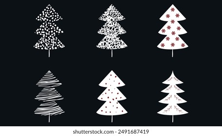 A set of decorative Christmas trees. 6 pieces. Vector on black background