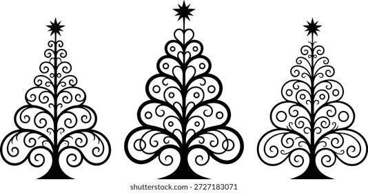 Un conjunto de árboles de Navidad decorativos diseñados con intrincados patrones de volutas negras y una estrella en la parte superior, perfecto para saludos de temporada.