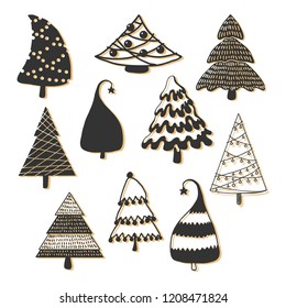 Set of decorative Christmas trees. Vector illustration in sketch style.