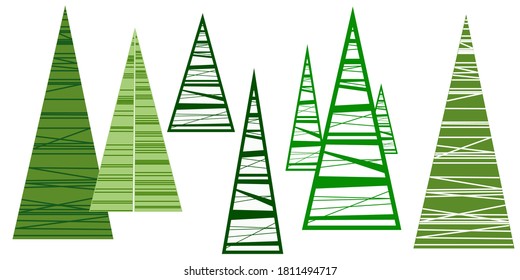Set dekorativer Weihnachtsbäume. Weißer Hintergrund, Isolator. Stockillustration.